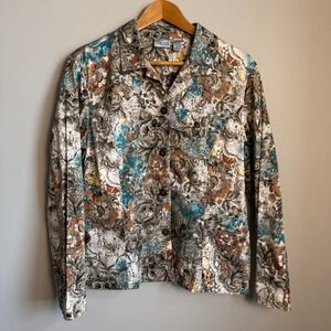 Vintage Chico's Womens Abstract Floral Button‎ Up V-Neck Shirt Large Pockets